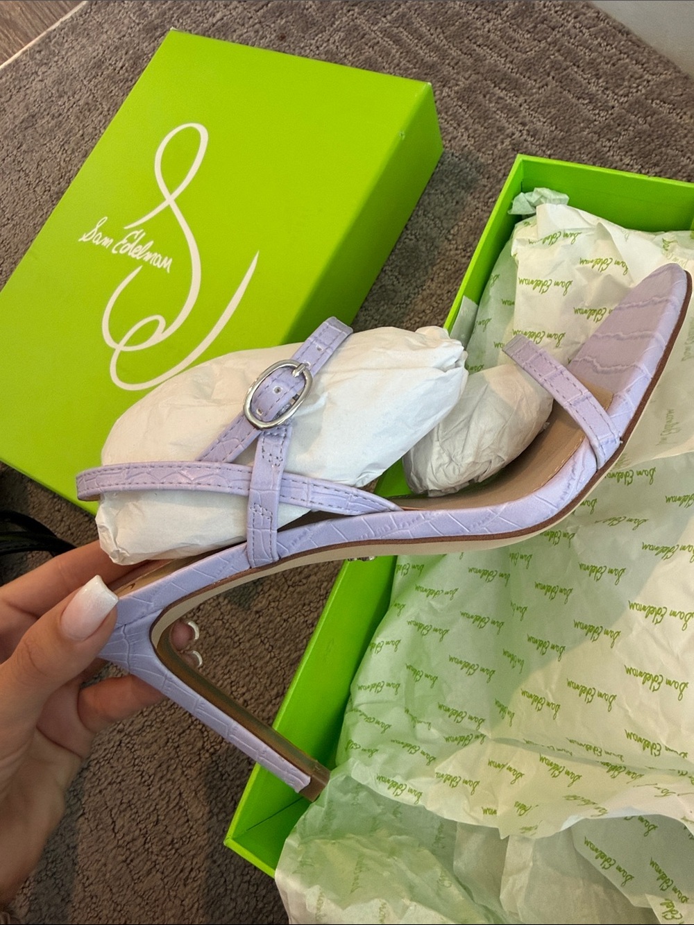 Sam Edelman Lavender Croc-Embossed Strappy Stiletto Sandals